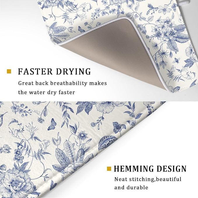 Giwawa Chinoiserie Flower Dish Drying Mat Blue Leaves Dishes Drying Pad - Image 3