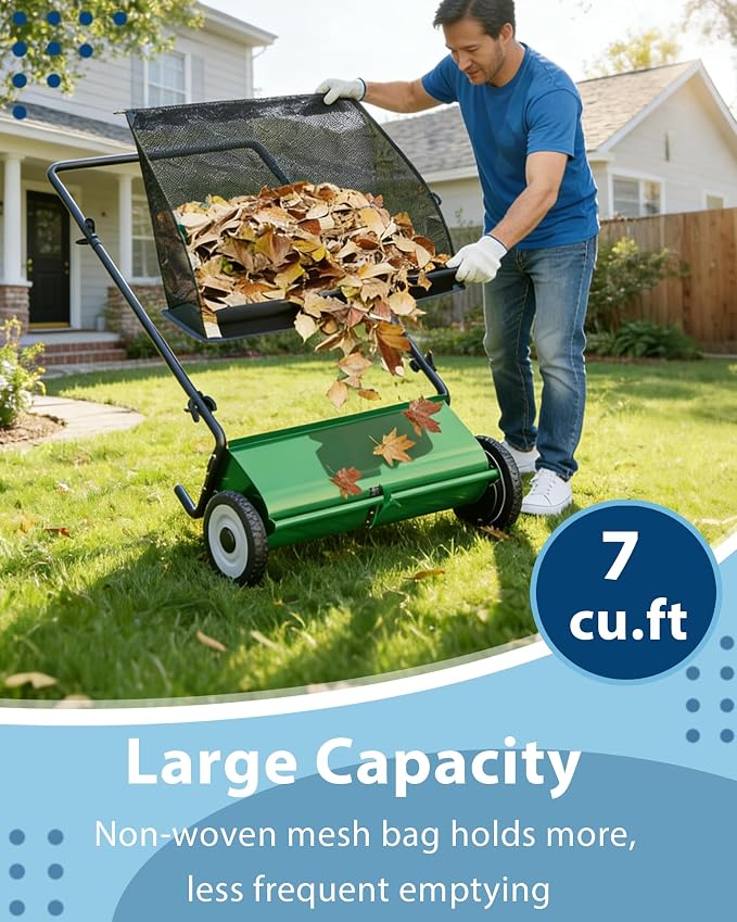 Push Lawn Sweeper, 26 Inch Extra-Wide 4-Brush System, 7 cu.ft. Mesh Bag - Image 2