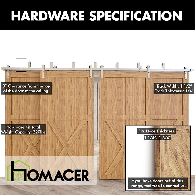 Homacer Brushed Nickel Double Track U-Shape Bypass Sliding Barn Door Hardware - Image 5