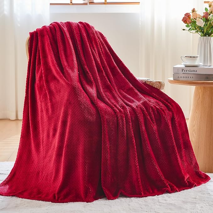 NEWCOSPLAY Super Soft Throw Blanket Red Premium Silky Flannel Fleece Leaves Pattern Lightweight Bed Blanket All Season Use (Red, Throw(50"x60"))