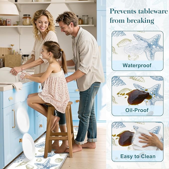 Kitchen Mats for Floor Cushioned Anti Fatigue Sets of 2 Beach Theme Kitchen Rugs Non Slip Waterproof Coastal Foam Kitchen Floor Rug Nautical Seashell Comfort Standing Mat for Sink Laundry, Blue