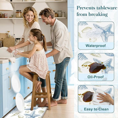 Kitchen Mats for Floor Cushioned Anti Fatigue Sets of 2 Beach Theme Kitchen Rugs Non Slip Waterproof Coastal Foam Kitchen Floor Rug Nautical Seashell Comfort Standing Mat for Sink Laundry, Blue