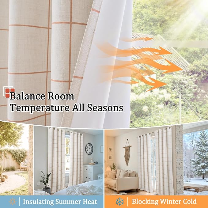 Linen Blackout Curtains for Bedroom - Boho Plaid Curtains Thermal Insulated, Pattern Printed Rustic Drapes Window Treatments for Farmhouse, 52x63 Inch 2 Panels, Terracotta