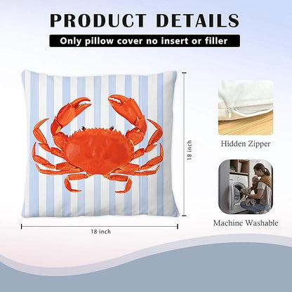 Coastal Red Crab Pillow Covers 18x18, Blue and White Striped Coastal Nautical Crab Throw Pillow Covers for Bedroom Beach House Home, Preppy Beach Room Decor