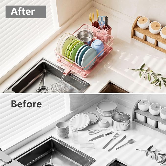 Iron Dish Drying Rack Auto Drain Dish Drainers Kitchen Counter Strainer - Image 5