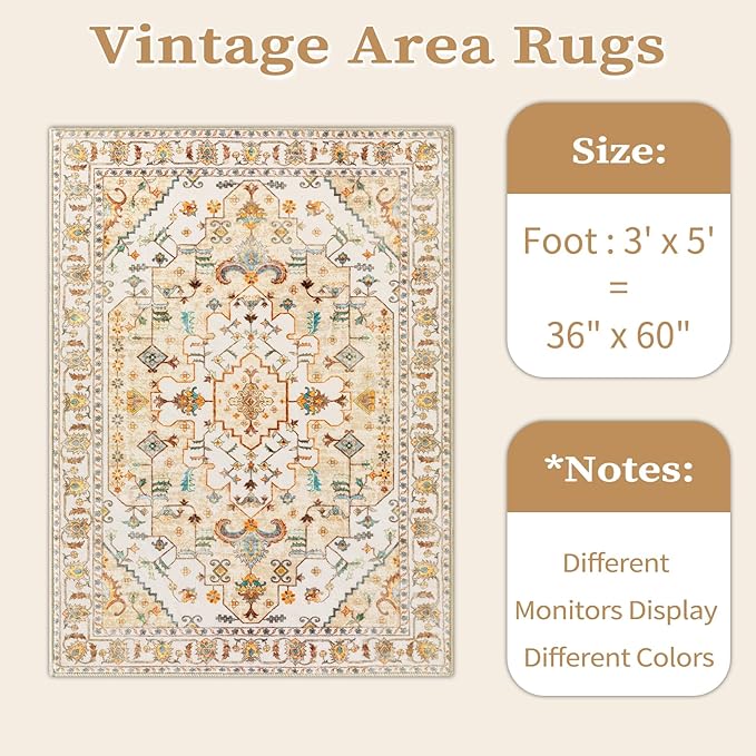 SERISSA Area Rug 3x5 Boho Light Yellow Rugs for Bedroom, Washable Non-Slip Kitchen Rugs, Ultra Soft Print Distressed Entry Rug Low-Pile Throw Rug Carpet for Bedroom Nursery Living Room Dorm Decor
