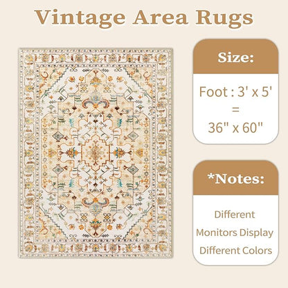 SERISSA Area Rug 3x5 Boho Light Yellow Rugs for Bedroom, Washable Non-Slip Kitchen Rugs, Ultra Soft Print Distressed Entry Rug Low-Pile Throw Rug Carpet for Bedroom Nursery Living Room Dorm Decor