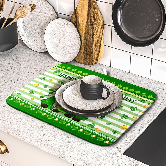 Shamrock Gnome Dish Drying Mat Coin Clover Dishes Fast Dry Mat 16x18 inch - Image 5