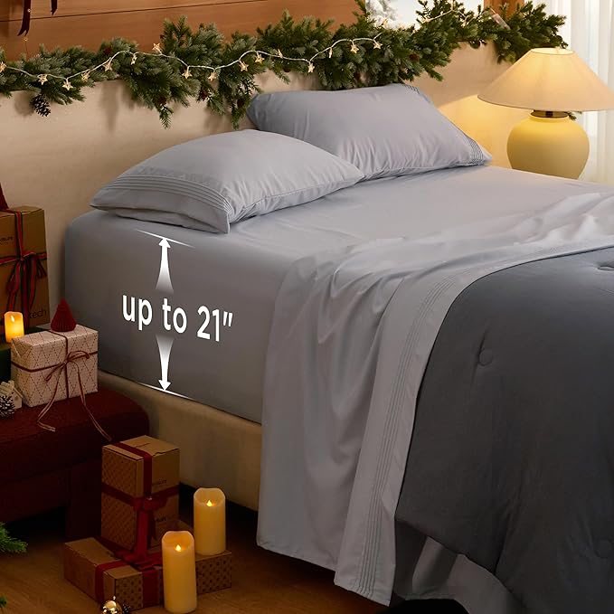 Bedsure Deep Pocket Full Size Bed Sheets Set - Fits Mattresses Up to 21 Inches Thick - 4 Piece GentleSoft Bed Sheets, Moisture Wicking, Cooling Bedsheet & Pillowcases, Easy & Secure Fit, Light Grey