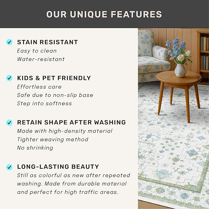 Green and Blue Kids Rugs for Bedroom 5x8 - Oushak Boho Cute Area Rug, Washable Low Pile Non-Slip Soft Foldable Indoor Carpet for Nursery, Playroom