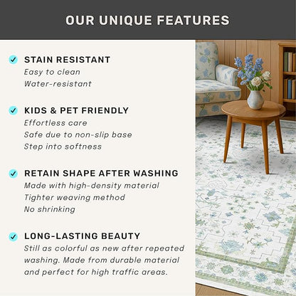 Cream Green and Blue 2x4 Boho Bathroom Rug - Oushak Floral Pastel, Washable Low Pile Non Slip with Rubber Backing Stain Resistant Entryway Rugs Indoor, Small Carpet for Kitchen, Bedroom, Laundry Room