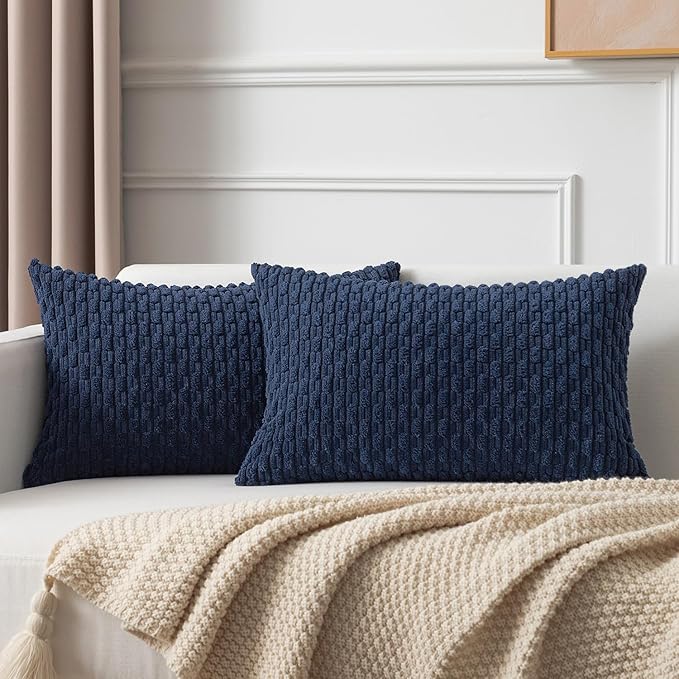 Kevin Textile 14x24 Inch Pillow Cover 1 Pack Boho Decorative Soft Striped Corduroy Lumbar Farmhouse Color Accent Rectangle Cushion Case for Living Room Couch Sofa Bed, Navy Blue