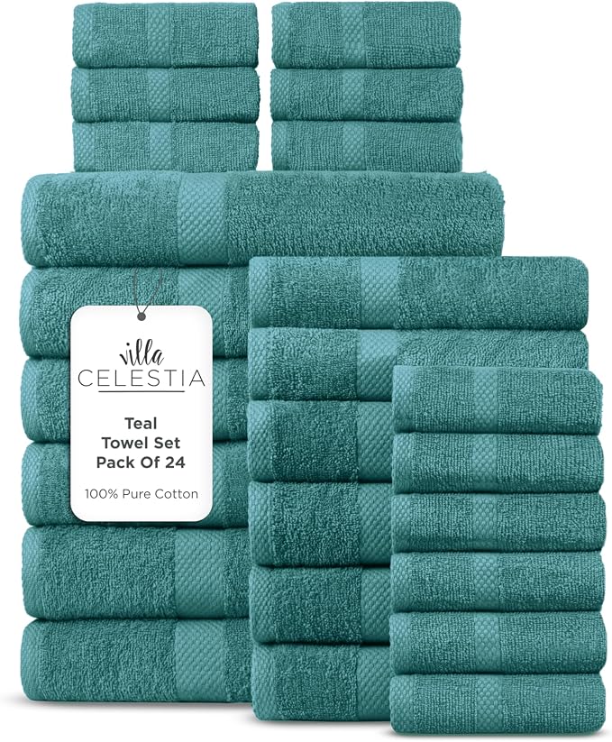 100% Cotton Bath Towel Set of 24-6 Bath Towels, 6 Hand Towels, 12 Wash Cloths by VillaCelestia