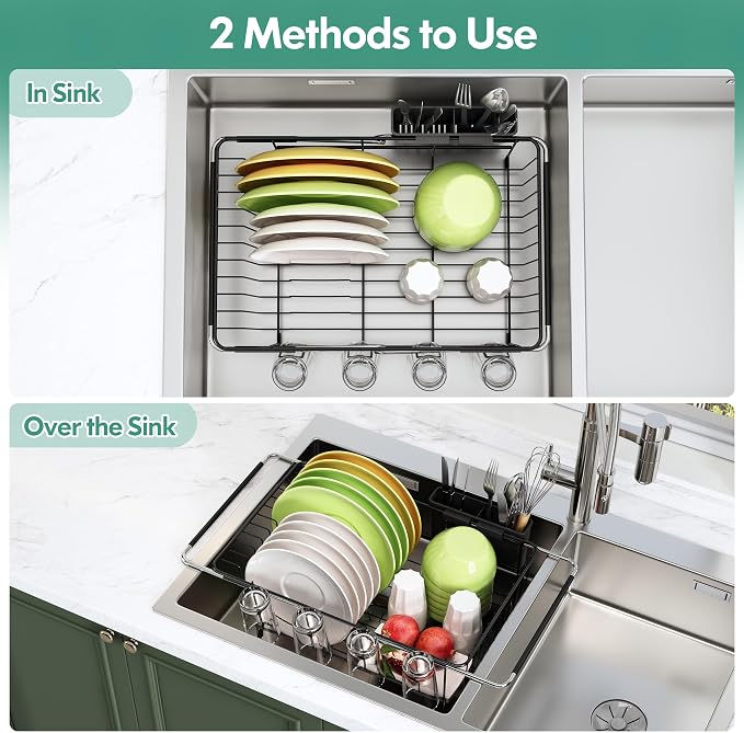Over the Sink Expandable Dish Drainer Drying Rack In Stainless Steel - Image 4