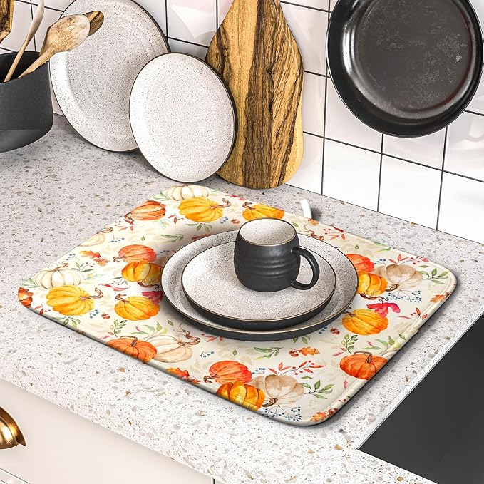 Autumn Fall Dish Drying Mat for Kitchen Counter Watercolor Pumpkin Maple Leaves - Image 5