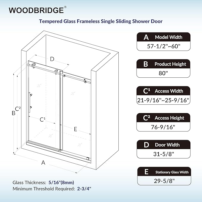 Woodbridge 57.5-60" W x 80" H Frameless Single Sliding Soft-Close Shower Door - Image 6