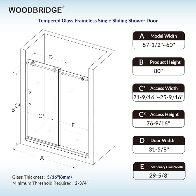 Woodbridge 57.5-60" W x 80" H Frameless Single Sliding Soft-Close Shower Door - Image 6