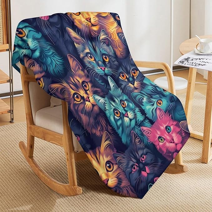 Funny Colorful Cat Print Blanket Kawaii Kitty Animal Throw Blankets Gifts for Couch Sofa Bed Stuff Decor Soft Cozy Fleece Plush Warm Flannel Bedding for Lover Men Women 40"x50"