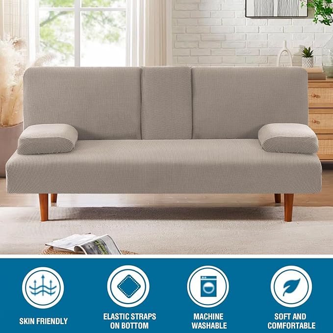 H.VERSAILTEX 4 Pieces Stretch Futon Covers Sofa Bed Slipcover with Removable Armrests and Cupholders Covers Furniture Protector High Spandex Small Checks Jacquard Fabric, Taupe