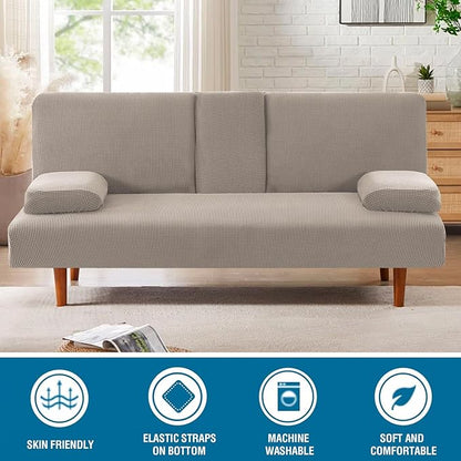 H.VERSAILTEX 4 Pieces Stretch Futon Covers Sofa Bed Slipcover with Removable Armrests and Cupholders Covers Furniture Protector High Spandex Small Checks Jacquard Fabric, Taupe