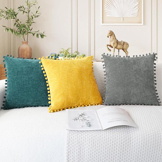CaliTime Throw Pillow Covers Decorative 22 X 22 Inches Pack of 2 Cozy Solid Dyed Soft Chenille Cushion Cases with Pom Poms for Couch Sofa Bed Living Room Home Teal