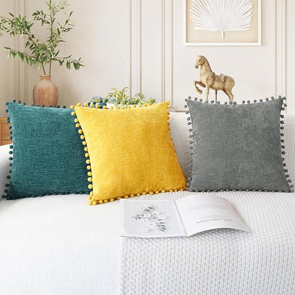 CaliTime Throw Pillow Covers Decorative 22 X 22 Inches Pack of 2 Cozy Solid Dyed Soft Chenille Cushion Cases with Pom Poms for Couch Sofa Bed Living Room Home Teal