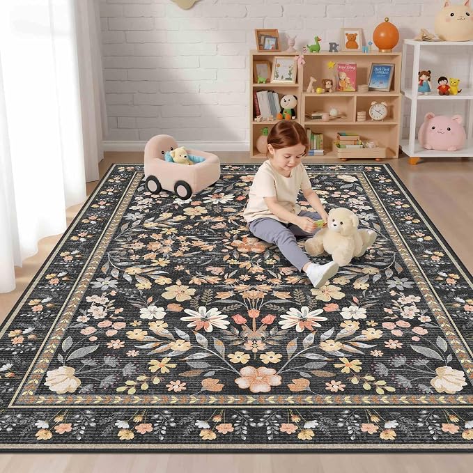 Floral Rug for Living Room Bedroom, 5x7 Washable Rug, Large Non Slip Low Pile - Image 2