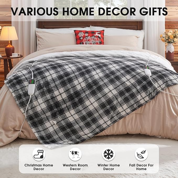OCTROT Heated Electric Blanket Queen Size, 84X90 Heating Blanket Queen with Dual Control&10 Heats Levels&Timer for Bed,Black Plaid Sherpa Large Blankets Warmer Gift for Grandma Women Adults, Washable