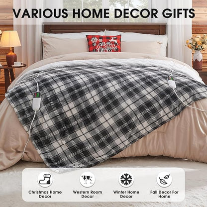 OCTROT Heated Electric Blanket Queen Size, 84X90 Heating Blanket Queen with Dual Control&10 Heats Levels&Timer for Bed,Black Plaid Sherpa Large Blankets Warmer Gift for Grandma Women Adults, Washable