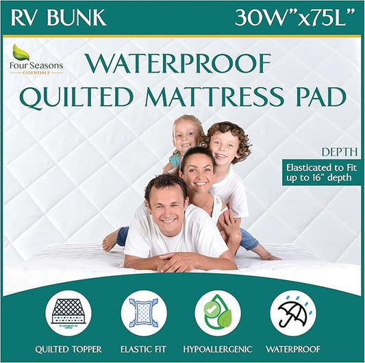 RV Bunk Size Waterproof Mattress Pad - Fitted Mattress Protector with Quilted Pillow Top Mattress Topper - Premium Quality Hypoallergenic Mattress Cover (30”x75”)