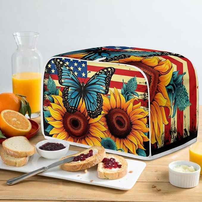 Sunflower Butterfly Print Toaster Cover 2 Slice American Flag Small Kitchen Appliance Cover, Washable Oven Protector Anti-dust Bread Maker Protector