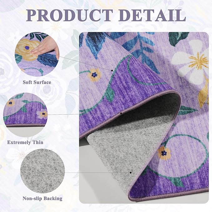DUKINO Runner Rug, 2x10 Kitchen Hallway Carpet, Washable with Non-Slip Backing, Low Pile Soft Boho Floral for Entryway, Laundry, Bedroom, Purple