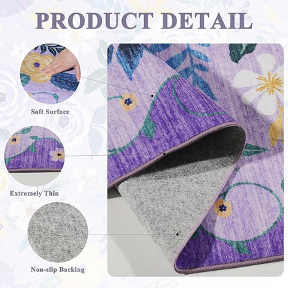 DUKINO Runner Rug, 2x10 Kitchen Hallway Carpet, Washable with Non-Slip Backing, Low Pile Soft Boho Floral for Entryway, Laundry, Bedroom, Purple