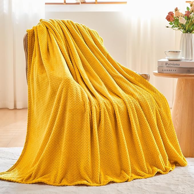 NEWCOSPLAY Super Soft Queen Blanket Mustard Yellow Premium Silky Flannel Fleece Leaves Pattern Lightweight Bed Blanket All Season Use (Mustard Yellow, Queen(90"x90"))