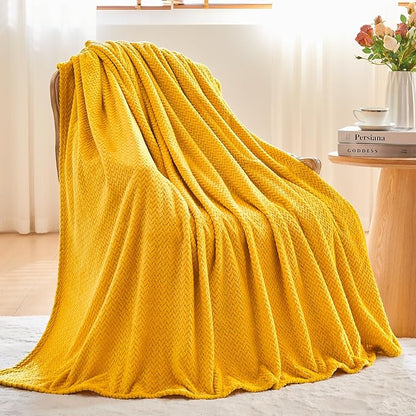 NEWCOSPLAY Super Soft Queen Blanket Mustard Yellow Premium Silky Flannel Fleece Leaves Pattern Lightweight Bed Blanket All Season Use (Mustard Yellow, Queen(90"x90"))