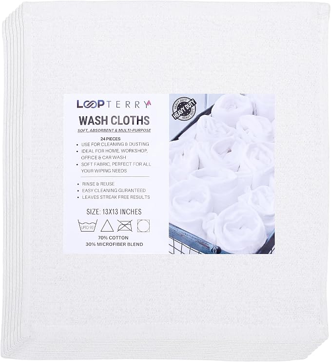 Looperry White Terry Cloth Rags 13"x13" Inches Commercial Grade Dish Cloth - Image 2