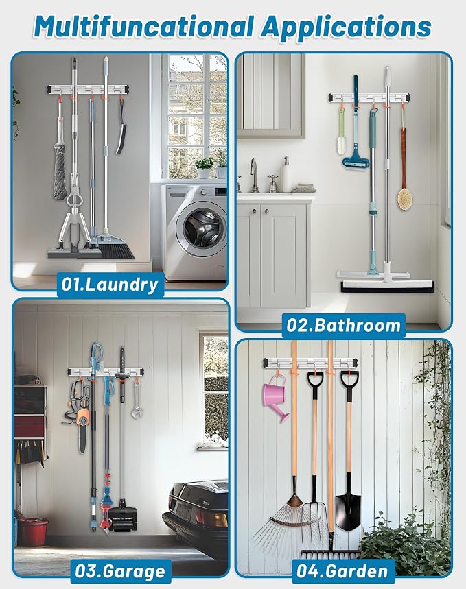 Mop and Broom Holder Wall Mount Garden Tool Rack Organizer, Modern Style - Image 6