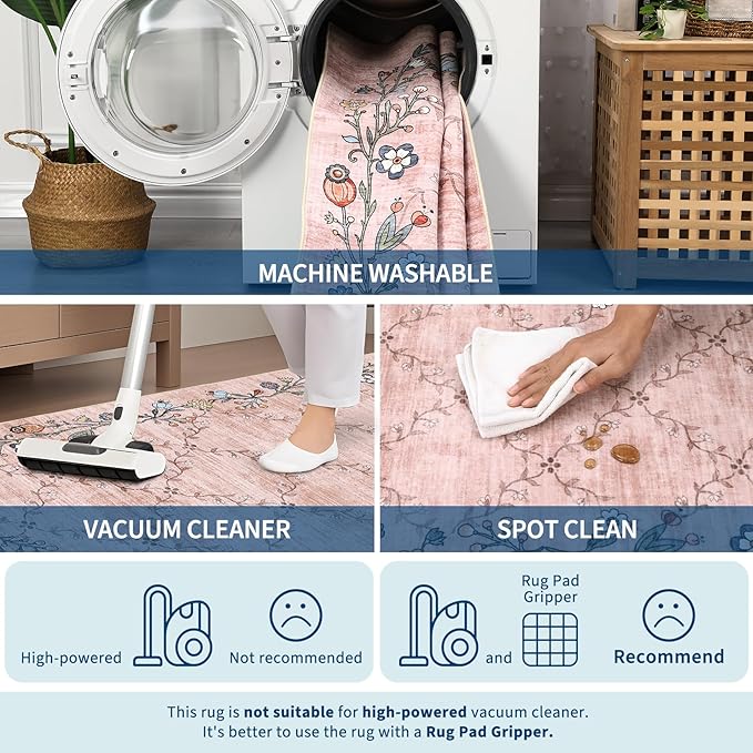 GarveeHome 5x7 Washable Floral Area Rugs for Living Room: Modern Floral Non Slip Large Area Rugs for Bedroom, Large Machine Washable Living Room Low Pile Carpet with Non-Slip Backing Pink 5 ft x7 ft.