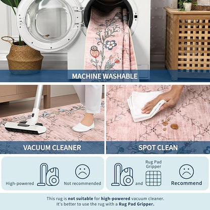GarveeHome 5x7 Washable Floral Area Rugs for Living Room: Modern Floral Non Slip Large Area Rugs for Bedroom, Large Machine Washable Living Room Low Pile Carpet with Non-Slip Backing Pink 5 ft x7 ft.