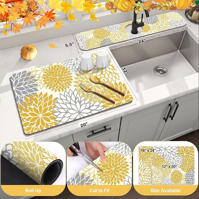 Findosom 2PCS 12" x 20" Fall Dish Drying Mat & 24" x 5.5" Sink Splash Guard - Image 2