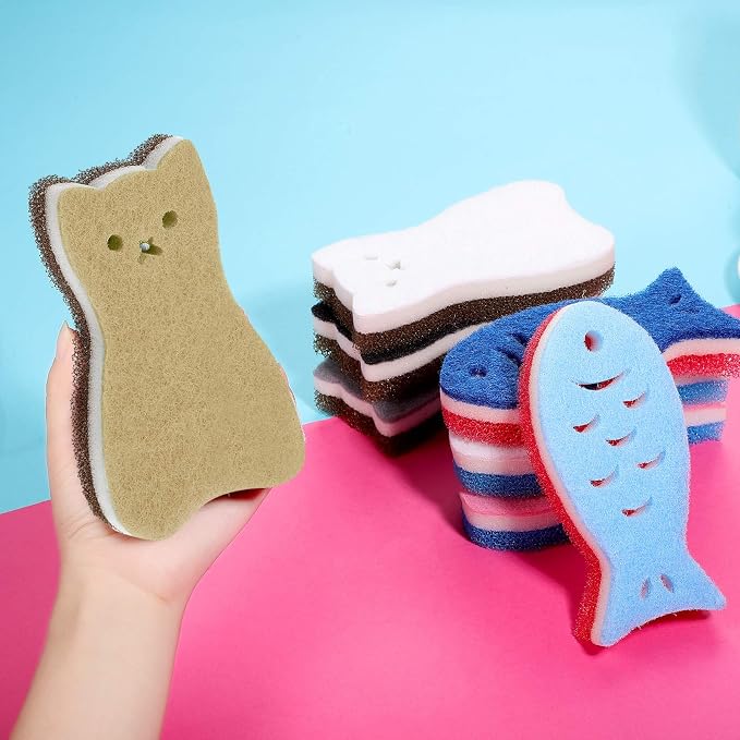 8 Pieces Kitchen Scrub Sponges Cat Fish Cleaning Sponge Dishwashing Scrubber - Image 3