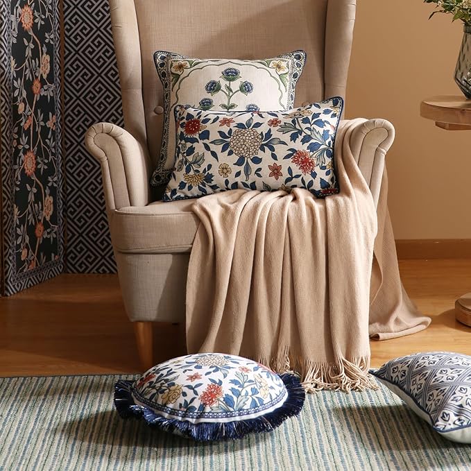 patdrea Designer Throw Pillow Covers,Euro Elegant Linen with Colorful Blooming Floral Pattern Pillow Cover,Decorative Lumbar Pillowcases Cushion for Bed Living Room Outdoor Car,12"x20"