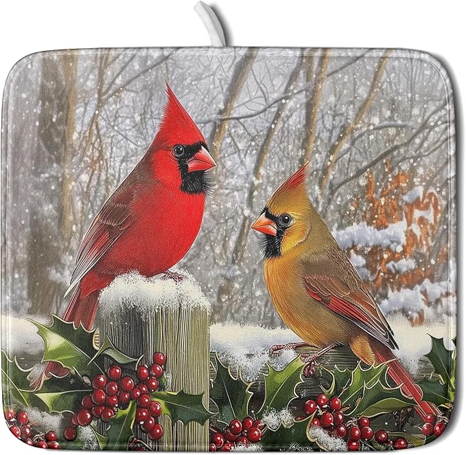 Winter Birds Dish Drying Mat Red Berry Dish Drainer Rack Mat Microfiber by Giwawa