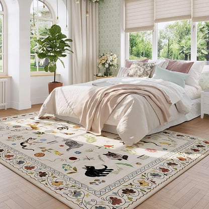 Rugcomf Area Rugs 8x10 Rug for Living Room Clearance Washable Boho Area Rug Non Slip Floral Animal Cat Vintage Low Pile Large Rug for Living Room Bedroom Farmhouse Dining Room Kids Playroom, Beige