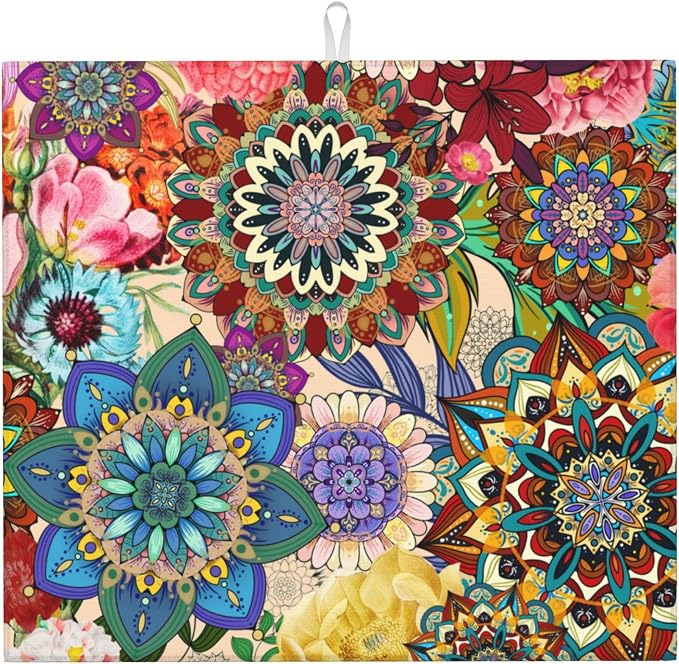 Boho Floral Dish Drying Mat for Kitchen Counter Washable Absorbent Reversible by Unknown