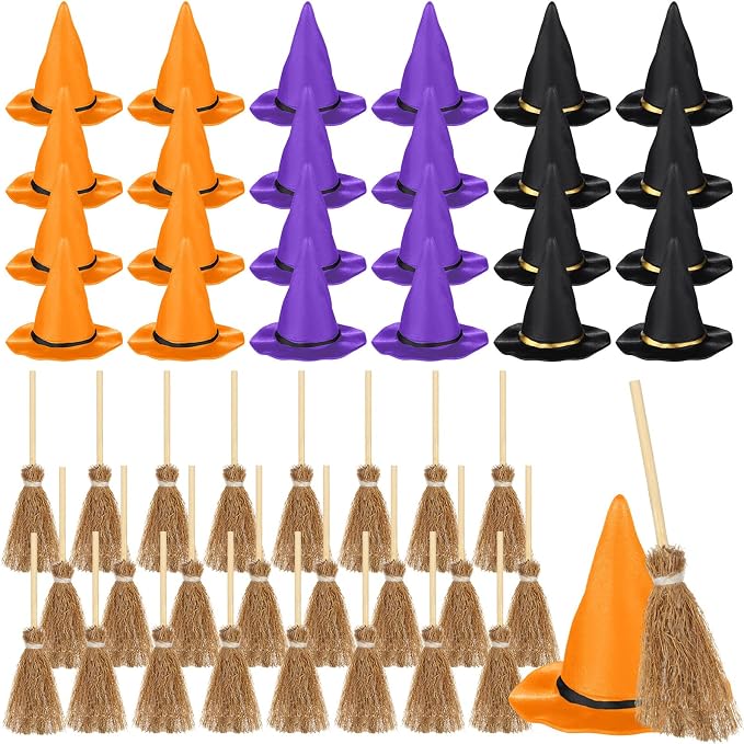 48 Pcs Mini Witch Hats and Broom by WinnerWhy
