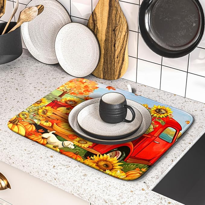 Autumn Pumpkin Red Truck Dish Drying Mat - Image 5
