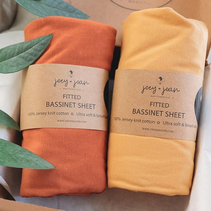 Joey + Joan Bassinet Sheets for Chicco LullaGo Nest & Primo, Close to You 3-in-1 & Next2Me Soft 100% Cotton Mustard Yellow + Burnt Orange 2 Pack