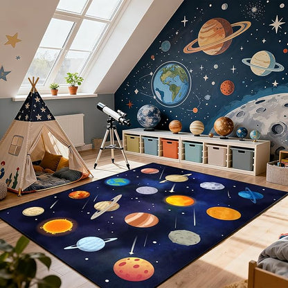 Kids Play Rugs 5'x7' Kids Rugs for playroom, Kid Educational Rug Classroom Rug, Space Planet Rug Space Planet Theme Play Mat for Living Room Dining Room Classroom Decor