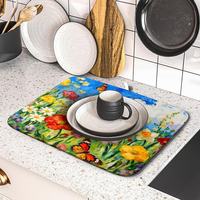 Floral Dish Drying Mat for Kitchen Counter 16x18 Spring Summer Theme Colorful - Image 5